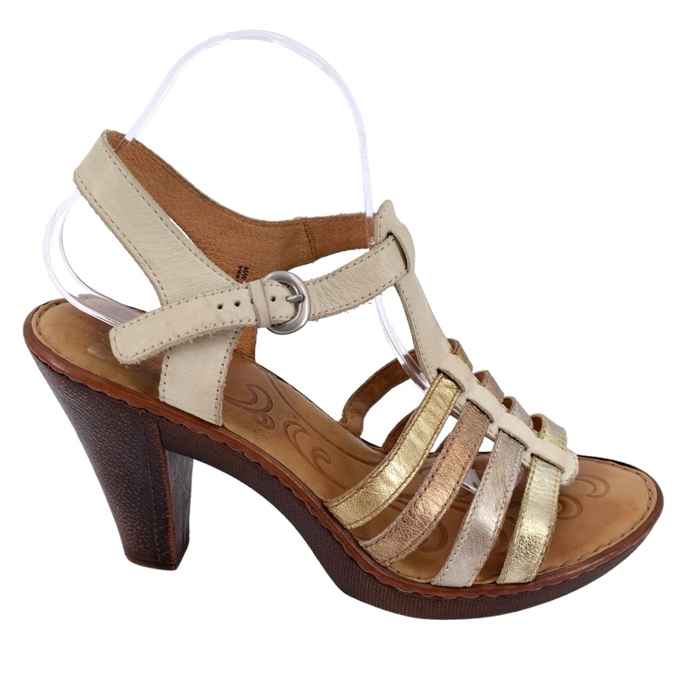 Born Sandal High Heels Womens Gold Brown Metallic Leather Strappy buckle sz 11